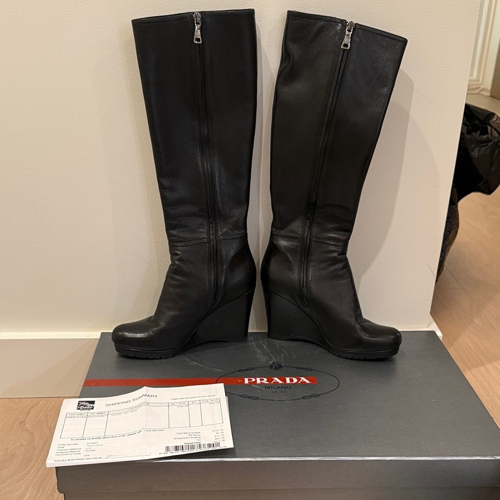 Prada Women's Black Leather Wedge Boots